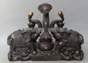 

830+++++ 14"Chinese Bronze Gilt Fengshui Wealth Money Elephant Heffalump Ruyi Ball Statue