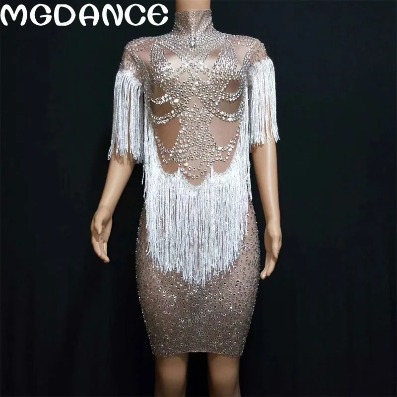 

New Women Sparkly Crystals Big Stretch Dress Evening Party Wear Full Rhinestones Tassel Prom Birthday Celebrate Dresses