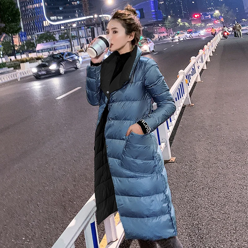 Double Sided Women's Down Jacket Long Winter Turtleneck White Duck Down Coat Female Double Breasted Plus size Warm Plaid Parkas - Цвет: Light blue and Black