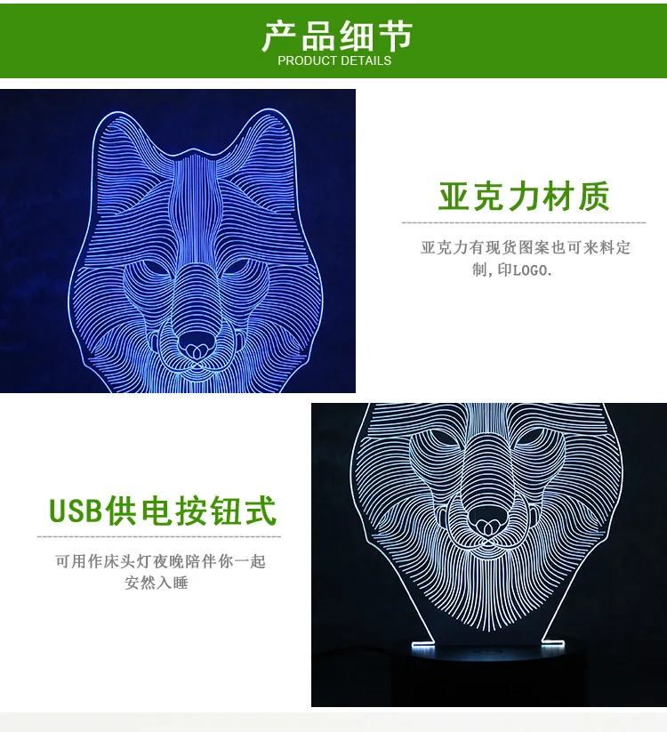 Werewolf голова 3D Ночная лампа производители USB Питание Кнопка-тип экологически чистые энергосберегающие гостиничные прикроватные