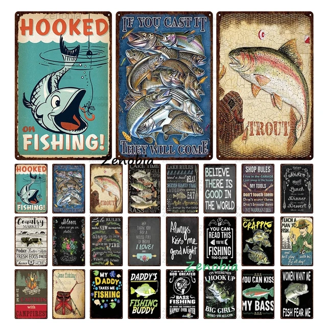 Hooked Fishing Metal Sign Fisherman Rules Fish Poster Classic