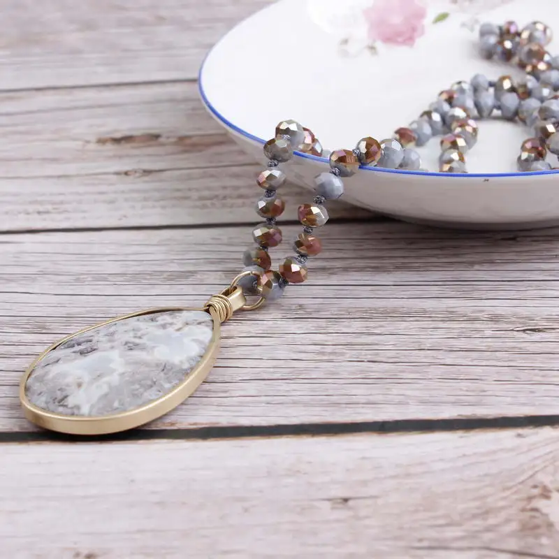 N5521 ZWPON Faceted Glass Beaded Knot Gold Filled Natural Stone Pendant Necklace for Women Long Beads Statement Necklace Jewelry