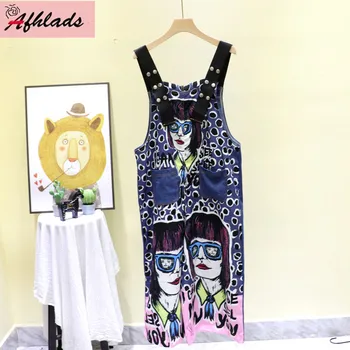 

2020 Summer New Jumpsuit Female Graffiti Character Printed Polka Dot Pockets Patchwork Women Denim Wide Leg Jumpsuit
