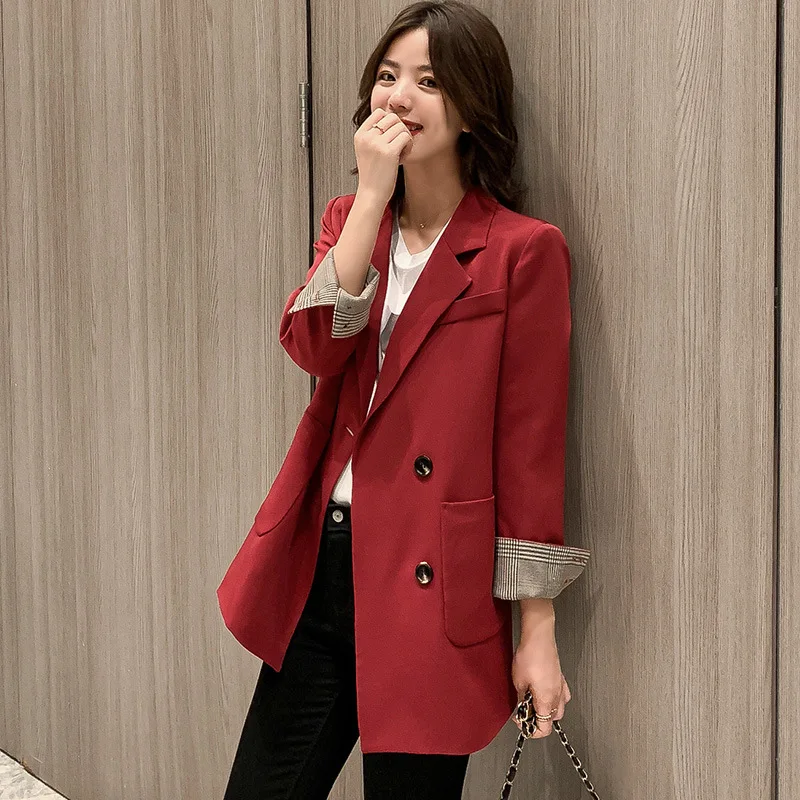 

Temperament Long Sleeve Suit Jacket Female 2019 Autumn New Plaid Long-sleeved Loose Large Size Suit Jacket Female Office Top