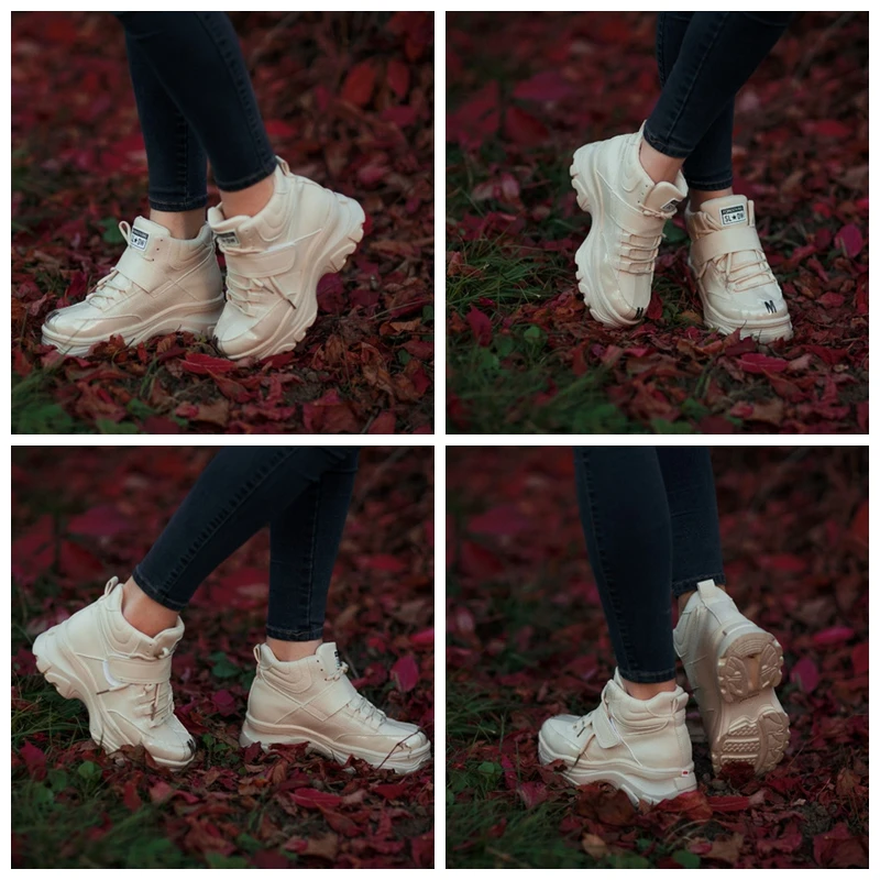 Coolcept Women Sneaker Fashion Fur Inside High Heel Warm Shoes Women Lace Up Casual Shoes Platform Lady Footwear Size 35-41