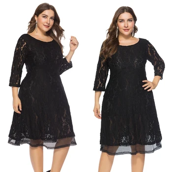 

Summer Women Dress Plus Size 6XL Lace Elegant Lady Dress 3/4 Sleeve Casual Fashion Lace Up Sexy Vestidos Large Size Party Dress