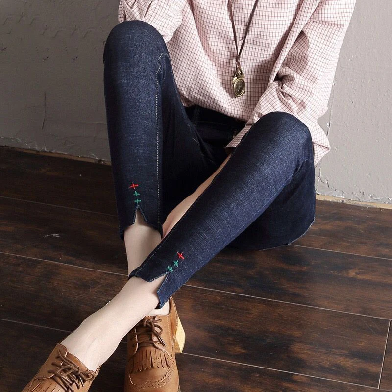 

Plus Size slim jeans for women Line split high waist Donna Stretch Bottoms Female Pencil Skinny Trousers cotton Black denim pant