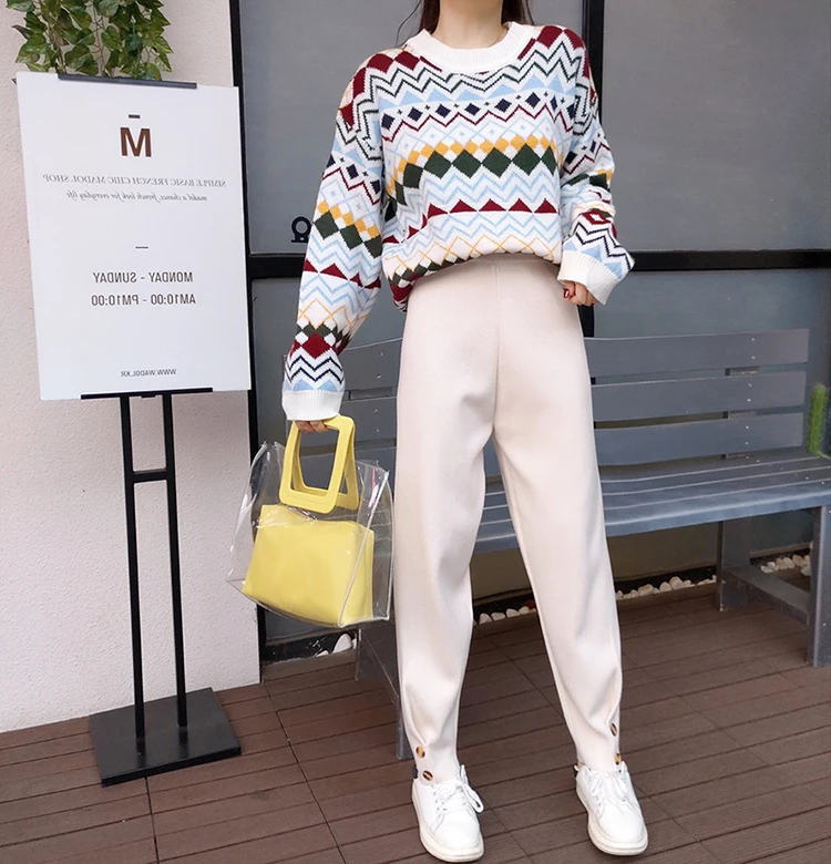 Осенняя Женская одежда, комплект из 2 предметов, вязаный Рождественский свитер с геометрическим рисунком, эластичные шаровары, спортивные штаны, костюм, зимний спортивный костюм, наборы
