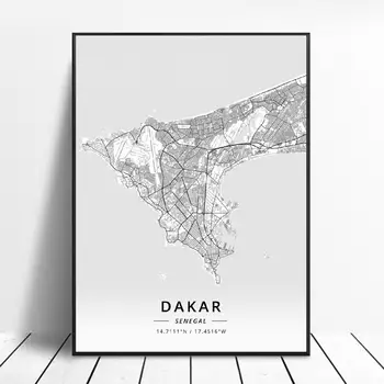 

Black and White Dakar Senegal Latitude Longitude Canvas Art Map Poster