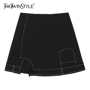 

TWOTWINSTYLE Sexy Skirt Women High Waist Patchwork Pocket Asymmetrical Side Split Mini Skirts Female 2020 Fashion Clothing New
