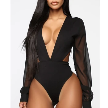 

Deep V Neck Patchwork Bodysuit Women Fashion Long Sleeve Women Rompers Autumn Bodysuit Casual Jumpsuit Playsuit 2019 Bodysuits
