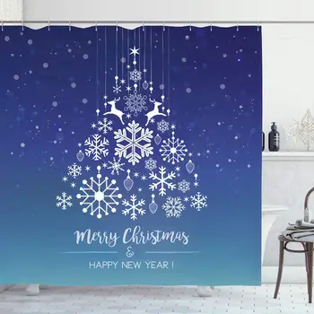 

Shower Curtain Set with Hooks 72x72 Snowfall Holiday White Colorful Snowflake December Happy Christmas Tree On Blue Holidays