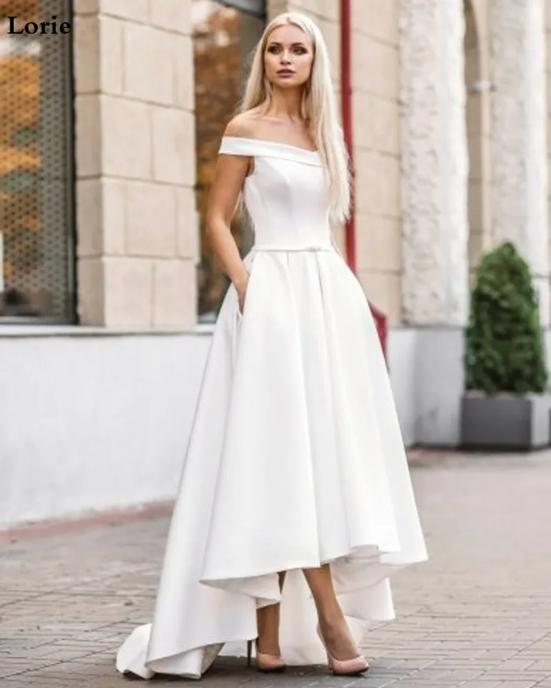 Lorie свадебное платье в стиле бохо с карманом Hi-Lo платья невесты Vestido de novia атласное с открытыми плечами Элегантное свадебное платье