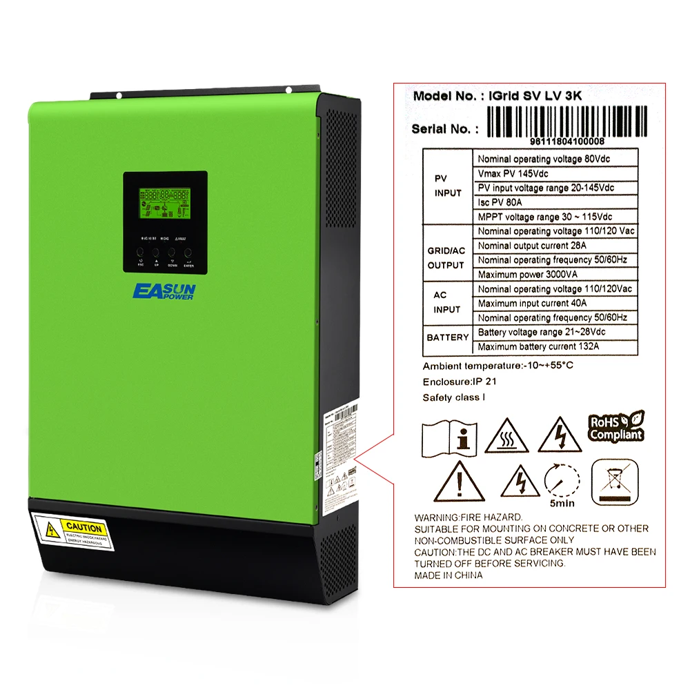 Источник питания Easun 3KVA 24V 110VAC сетевой солнечный инвертор 2000W 80A MPPT солнечный заряд чистая Синусоидальная волна Гибридный инвертор 40A AC заряд