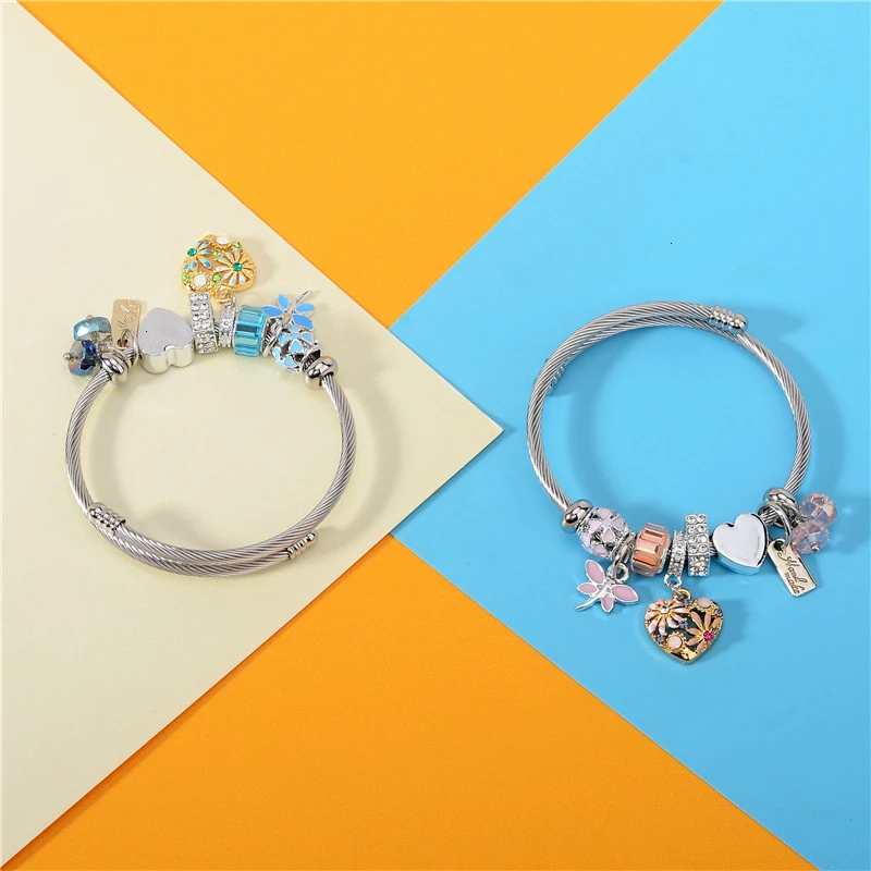 Браслеты-манжеты из нержавеющей стали для женщин золотое любовное сердце цветок маргаритки Стрекоза Шарм для браслета, украшения для женщин подарки для друзей