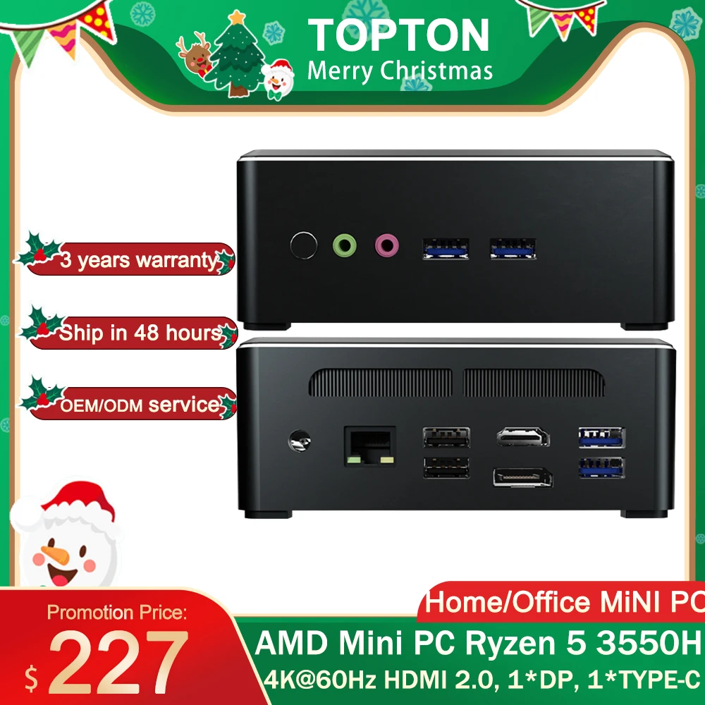 TOPTON Мини ПК AMD Ryzen R5 3500H R7 2700U Vega Graphic 2 * DDR4 M.2 NVMe игровой пк компьютер Windows 10 4K HTPC HDMI2.0 DP