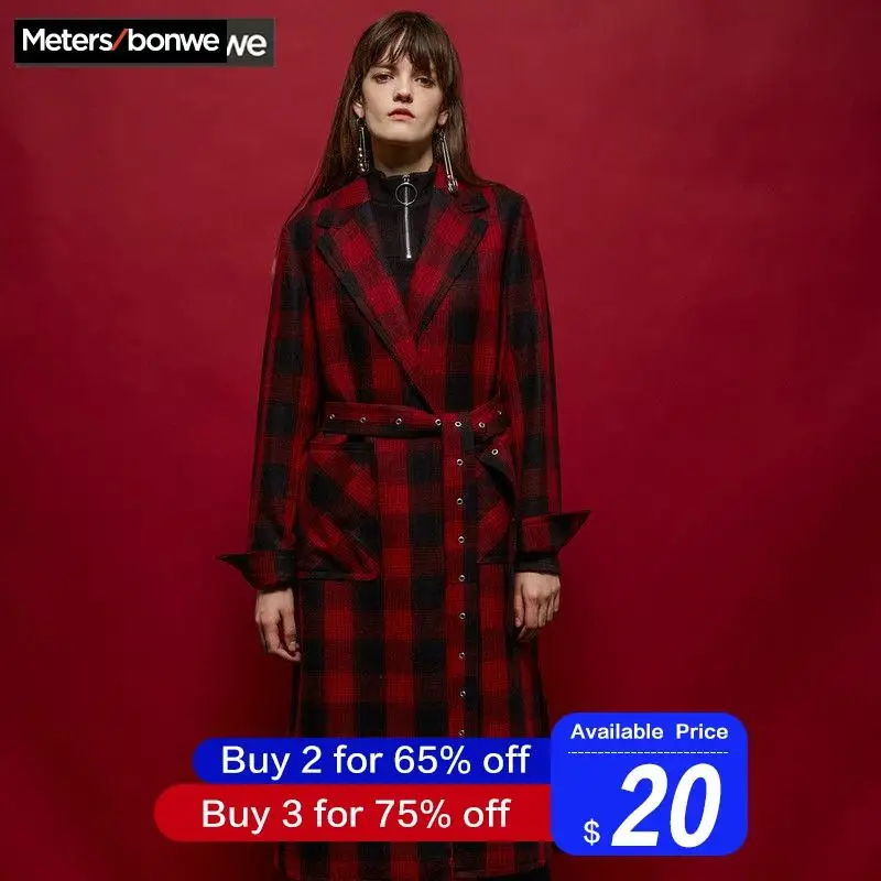 Metersbonwe длинное шерстяное пальто женское с регулируемым поясом с отложным воротником Верхняя одежда тонкая красная куртка зимнее элегантное пальто
