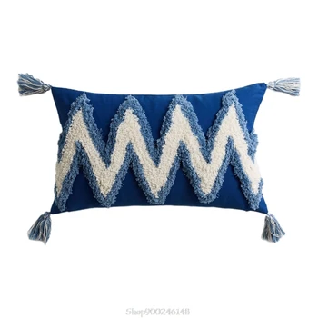 

30x50cm Boho Morocco Lumbar Throw Pillow Case White Blue Geometric Pattern Woven Tufted Tassels Rectangle Cushion Cover N10 20