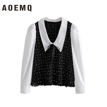 

AOEMQ Fashion Korea Style Preppy Girlstudent Shirts Breathable Hole Fluff Cross Shirts V-Neck Collar Spring Shirt Women Clothing