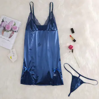 

Women Sexy Lingerie Spaghetti Strap Sleepdress Lace Ladies Nightdress Short Mini Solid Color Sleeping Dress Nightwear With Panty