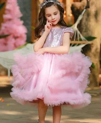 Beautiful Pink Flower Girls Dresses For Wedding Tulle Sequins Knee Length Kid First Communion Dress Birthday Party Prom Gown