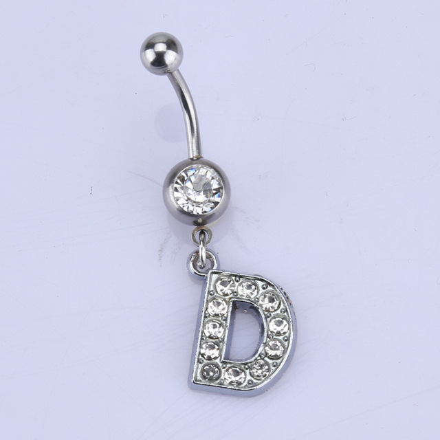 26 letter style Charming Body Piercing Crystal Rhinestone Inlaid Navel Belly Button Ring stainless steel jewelry