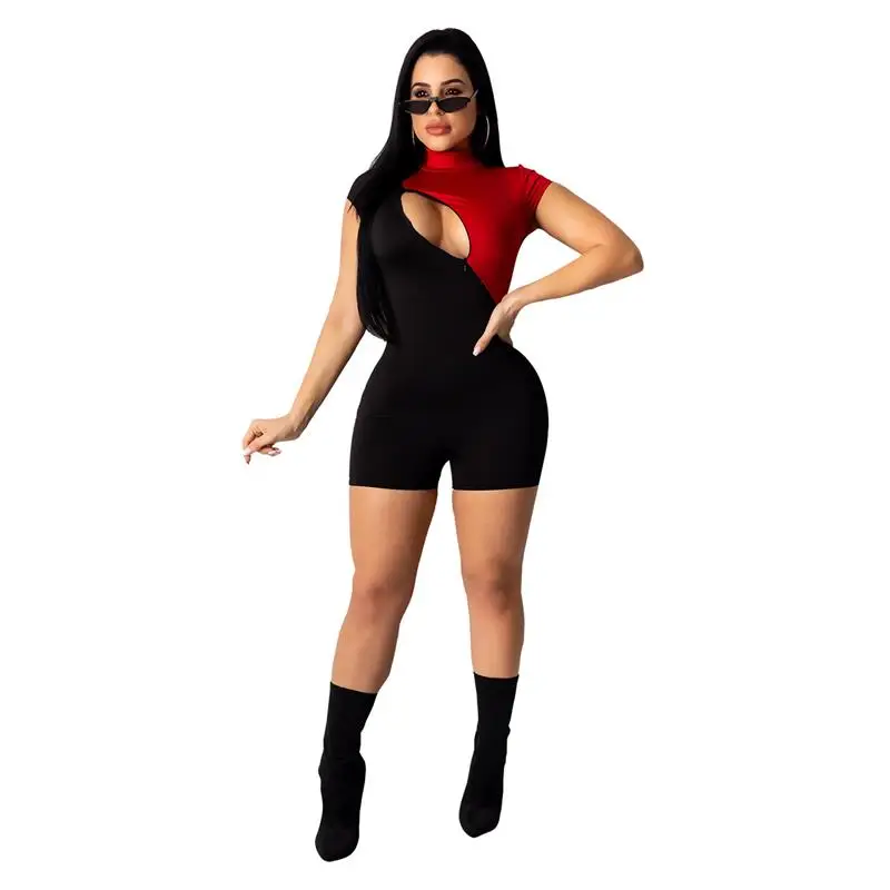 

Sexy Jumpsuit Women Bodycon Romper Short Sleeve Color Block Bodysuit Women Zipper Jumpsuit Elegant Polyester