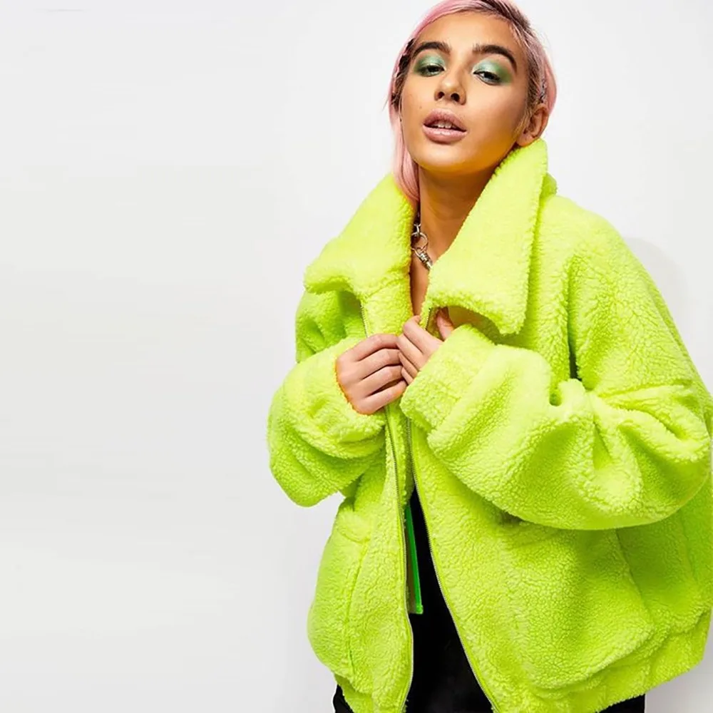 BKLD Women Coats And Jackets Winter Loose Lamb Fur Coat Harajuku Streetwear Neon Green Jacket Female Fashion Autumn Coat