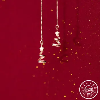 

925 Sterling Silver Christmas Tree Shape Ear Threads Rose Gold Color Plated Chain Long Hanging Dangle Drop Earrings for Women
