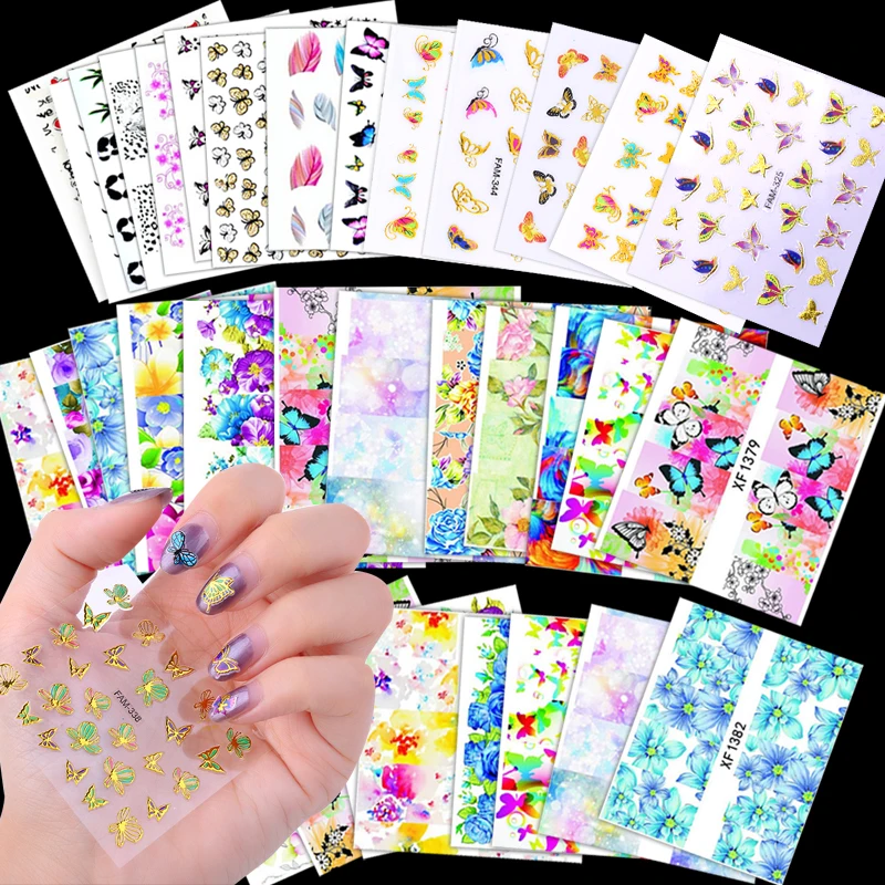 

Stickers Manicure Mixed Nail Stickers Set Gradient Butterflies Colorful Flowers Nail Decals Set For Gel Nail Art Decorations