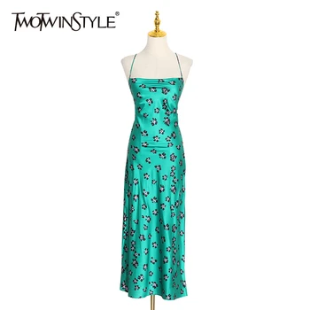

TWOTWINSTYLE Print Polka Dot Dress For Women Spaghetti Strap Strapless Sleeveless High Waist Dresses Female 2020 Spring Fashion