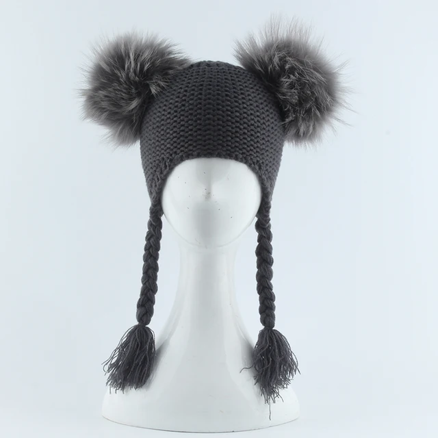 New Autumn Winter Baby Kids Beanie 15 CM Real Fur Pompom Hat For Children Warm Wool Knitted Earflap Cap 2