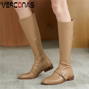

VERCONAS Fashion Concise Knee-High Boots For Women New Metal Buckle Low Heels Shoes Woman Autumn Winter Side Zipper Basic Boots