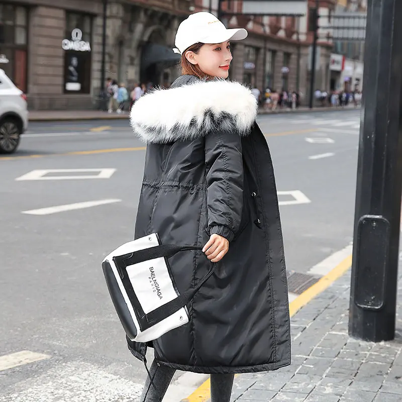 

Women Elastic Hooded Fur Collar Oversize Winter Down Coat Jacket Long Warm Women Parkas Outwear Big Pocket Windbreaker Sleeves