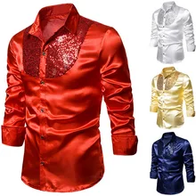 HEFLASHOR/великолепные вечерние рубашки с воротником «Хенли», осенняя рубашка с пайетками в стиле пэчворк, Chemise Homme, официальные рубашки, повседневная мужская рубашка
