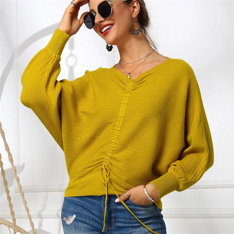 Womens Sweaters Loose Pleated Bat Sleeve Sweater New Drawstring Personality V-neck Sweater Women Knitted Sweater