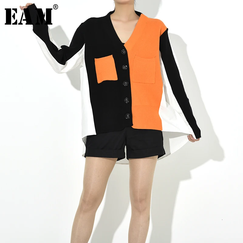 

[EAM] Big Size Contrast Color Knitting Cardigan Sweater Loose Fit V-Neck Long Sleeve Women New Fashion Spring Autumn 2020 1H7600