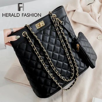 

Herald Fashion Luxury Women 2 Pcs/set Diamond Lattice Shoulder Bag Quality PU Leather Solid Chain Bag Casual Ladies Tote Bag