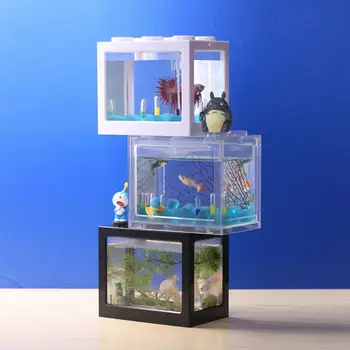 

USB Mini Aquarium Fish Tank With LED Lamp Light Clear Bettle Fish TankCylinder Breeding Box Isolation Aquarium