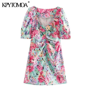 

KPYTOMOA Women 2020 Chic Fashion Floral Print Pleated Mini Dress Vintage V Neck Puff Sleeve Female Dresses Vestidos Mujer
