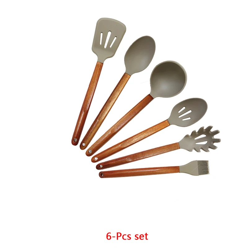 6-pcs kitchen set 6/9/12 шт Кухня посуда набор Акация деревянная ручка Силиконовая Пособия по кулинарии посуда с антипригарным покрытием металлическая кулинарная лопатка инструменты Кухня аксессуары - Цвет: 6-pcs kitchen set