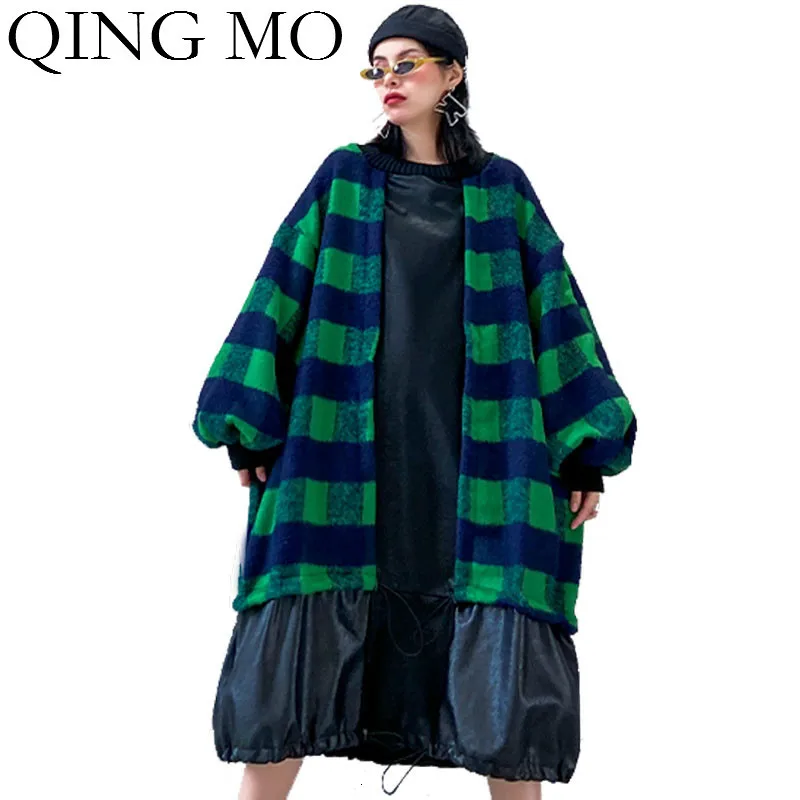 QING MO зимнее женское шерстяное платье женское лоскутное клетчатое платье женское повседневное свободное платье из искусственной кожи Лоскутная одежда больших размеров ZQY2518