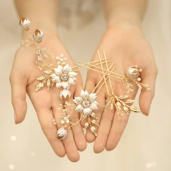 

Boho Gold Flower Hair Pins Clips Bridal Leaf Headpiece Handmade Wedding Hair Jewelry Pearls Women Prom Accessories