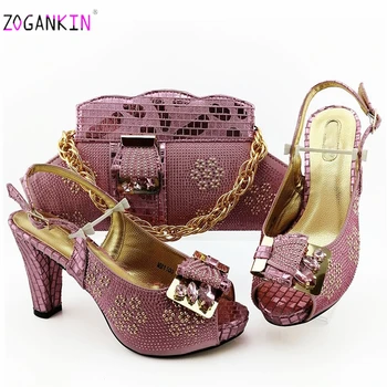 

Pink Color New Nigerian Rhinestone Woman Sandals And Bags Set Italian Style High Heels 10.5 CM Shoes And Bag Set For Party
