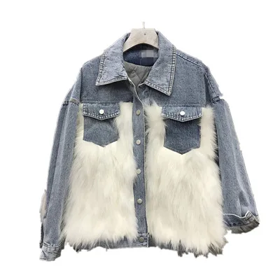 Winter Korean Style Real Fox Hair Denim Jacket Women's Cotton Padded Female Casual Coat Girls Thickened Warm Cowboy Jackets