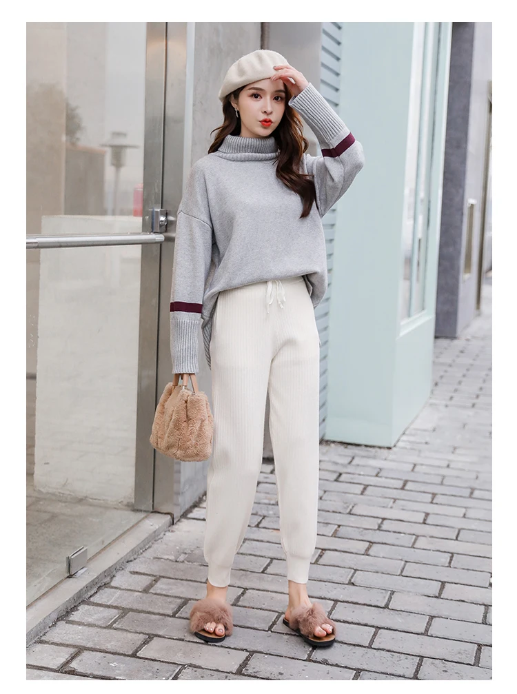 Knitted Harem Pants Women Drawstring Skinny Pants Mid Waist Trousers Pockets Knitted Striped Sweatpants Pantalon Femme 7285 50
