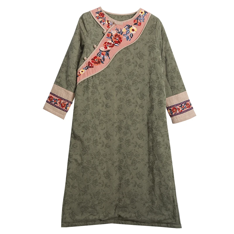 Army Green Hisenky женское платье осень зима стеганое платье традиционное китайское длинное платье макси плотное теплое Хлопковое платье на подкладке ватная куртка - Цвет: Army Green
