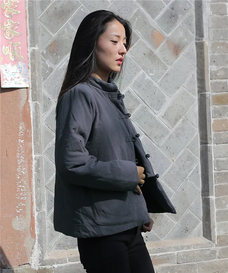 Женская парка в китайском стиле, однобортное пальто на пуговицах со стоячим воротником, осенне-зимнее пальто с хлопковой подкладкой, льняная куртка в клетку, верхняя одежда