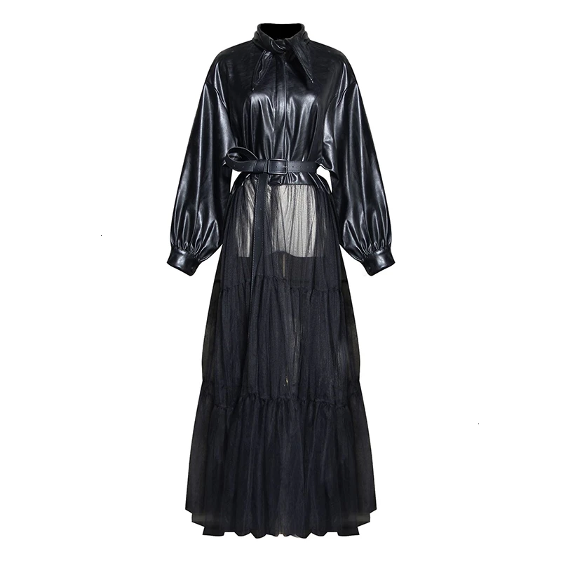 black TWOTWINSTYLE лоскутное Сетчатое Сексуальное Женское пальто на шнуровке, воротник с лацканами, фонарь, длинный рукав, куртка с высокой талией, женская модная одежда - Цвет: black
