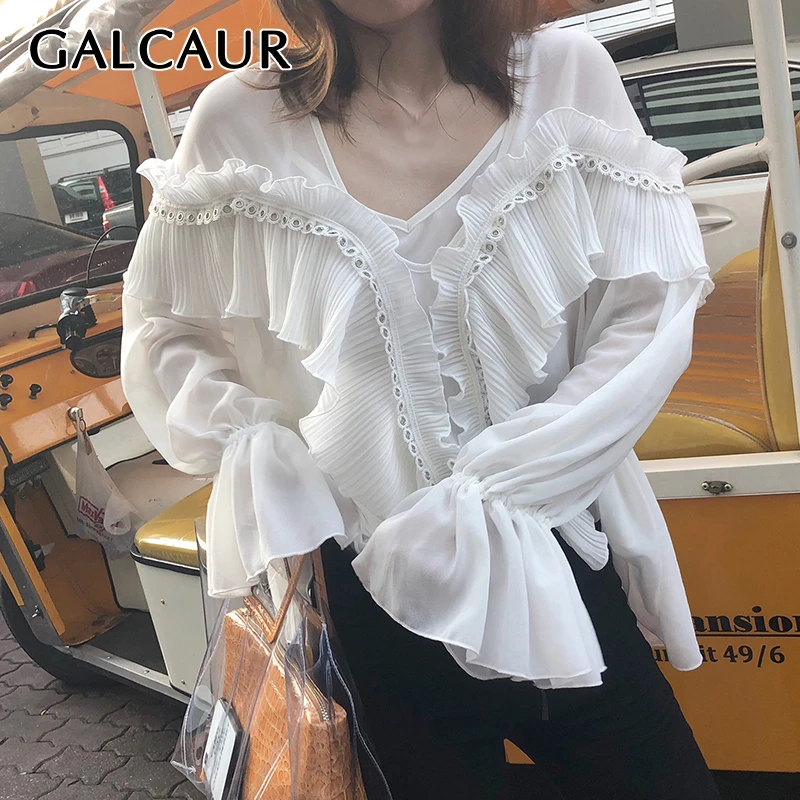 

GALCAUR Patchwork Beading Ruffle White Women's Shirt V Neck Flare Sleeve Korean Shirts Blouse Female 2019 Summer Fashion New